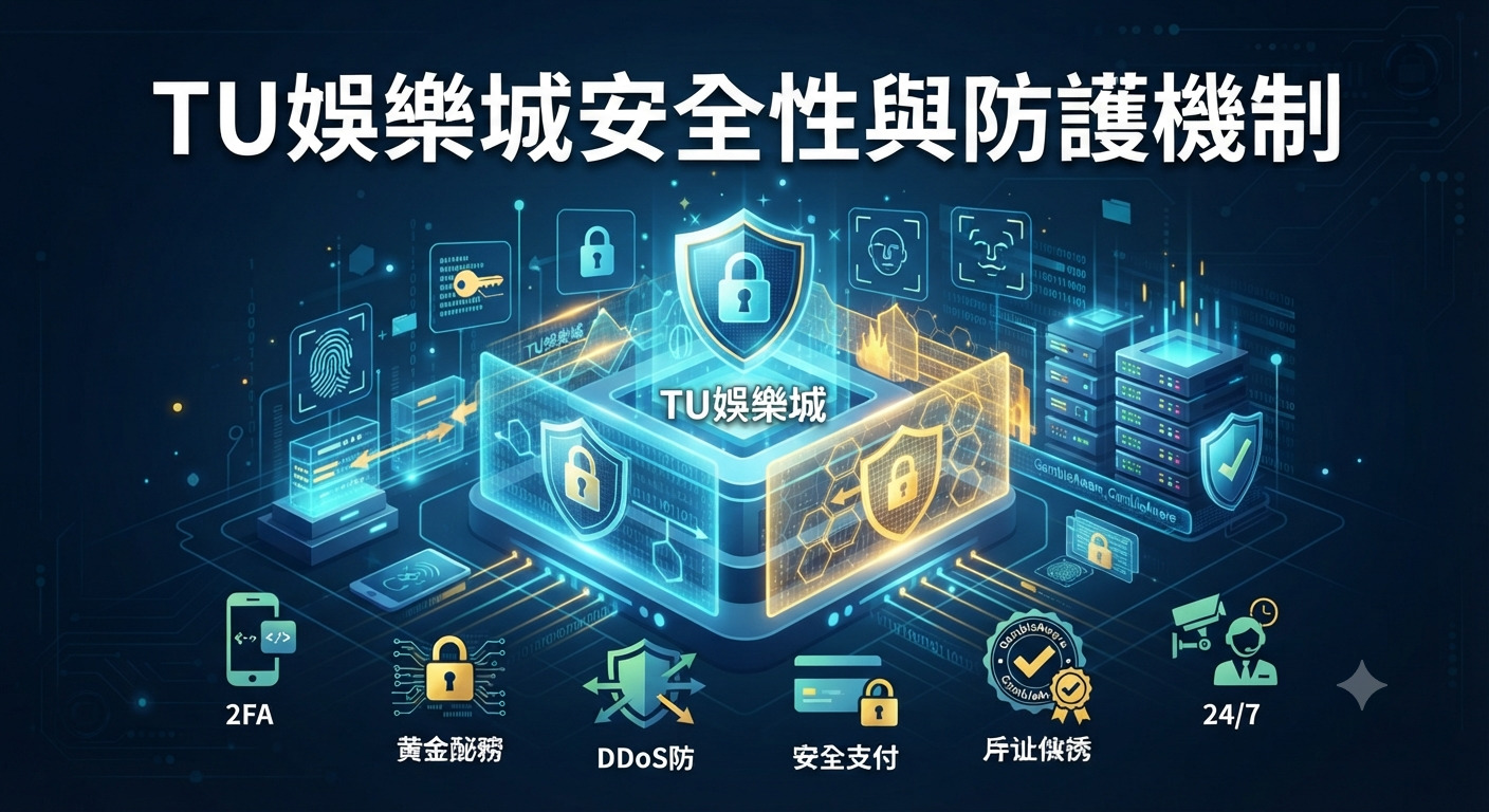 這張圖片展示了「TU娛樂城安全性與防護機制」的主題，並以數位科技與資安防護為背景。 畫面中結合了盾牌、密碼鎖、伺服器以及各種網路安全圖示，突顯其高規格的安全防護與科技感。